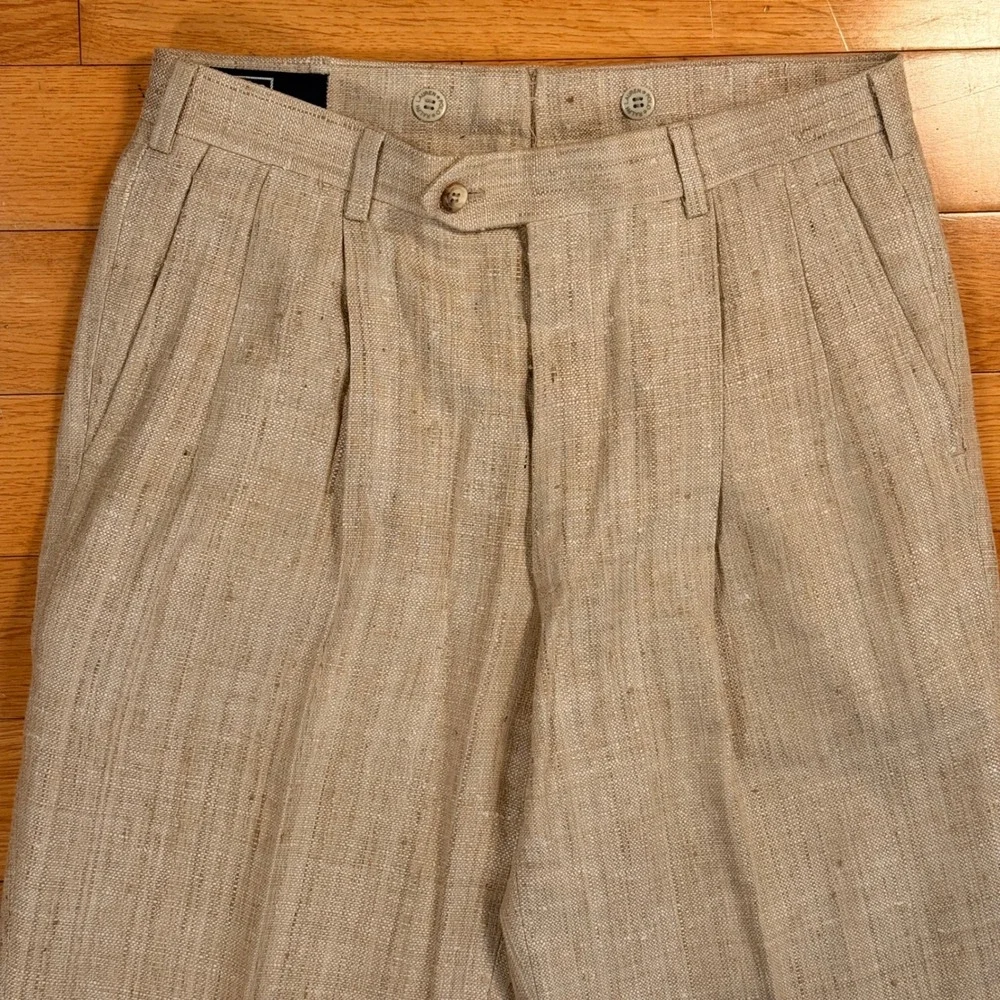 VTG‎ Polo Ralph Lauren Mens Beige Textured Linen Pleated Cuffed Trousers 30x28